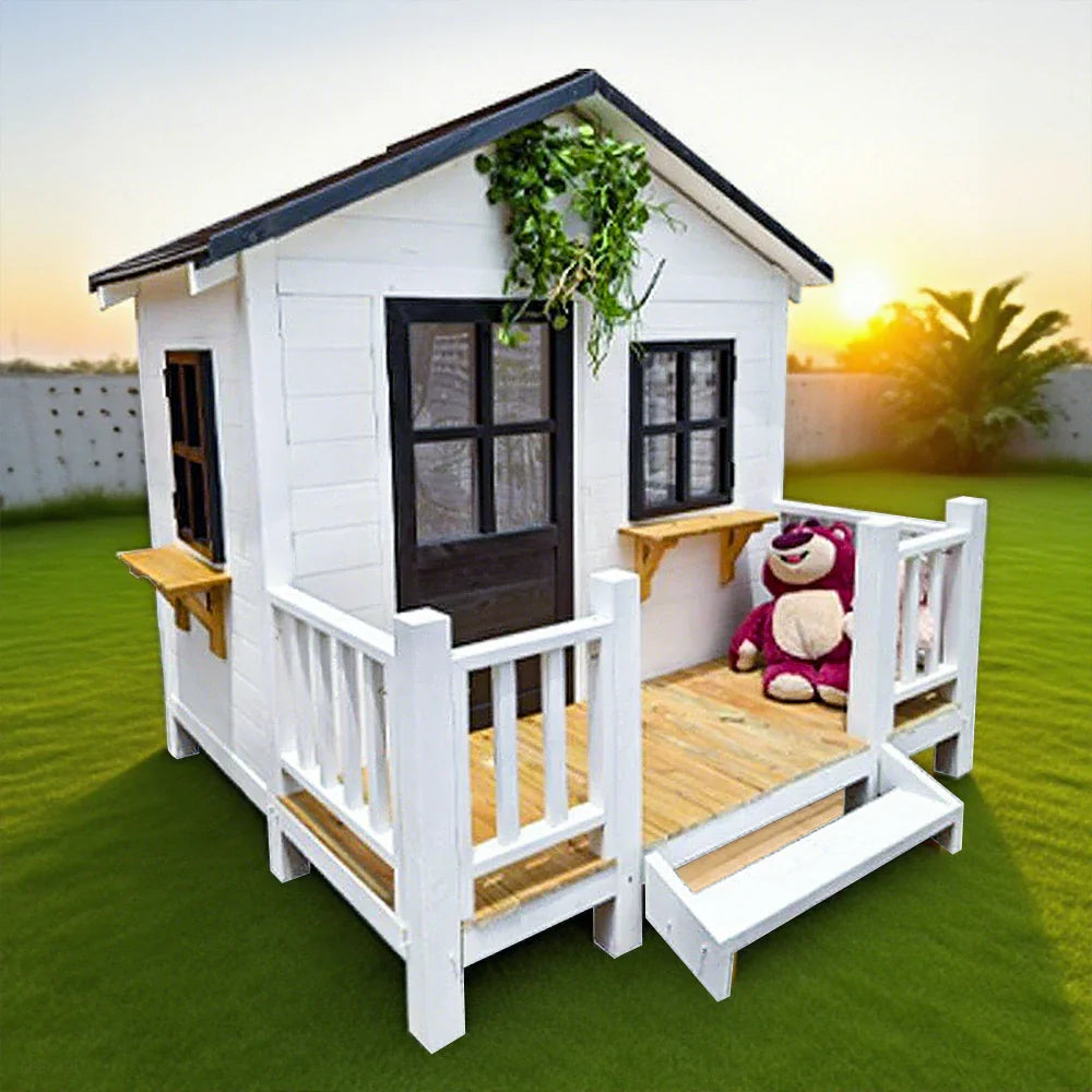 PAWORA Luxury Dog Large Pine Durable Wooden House - Spacious Pet Outdoor for Medium Villa - Structure, Dogs Design White