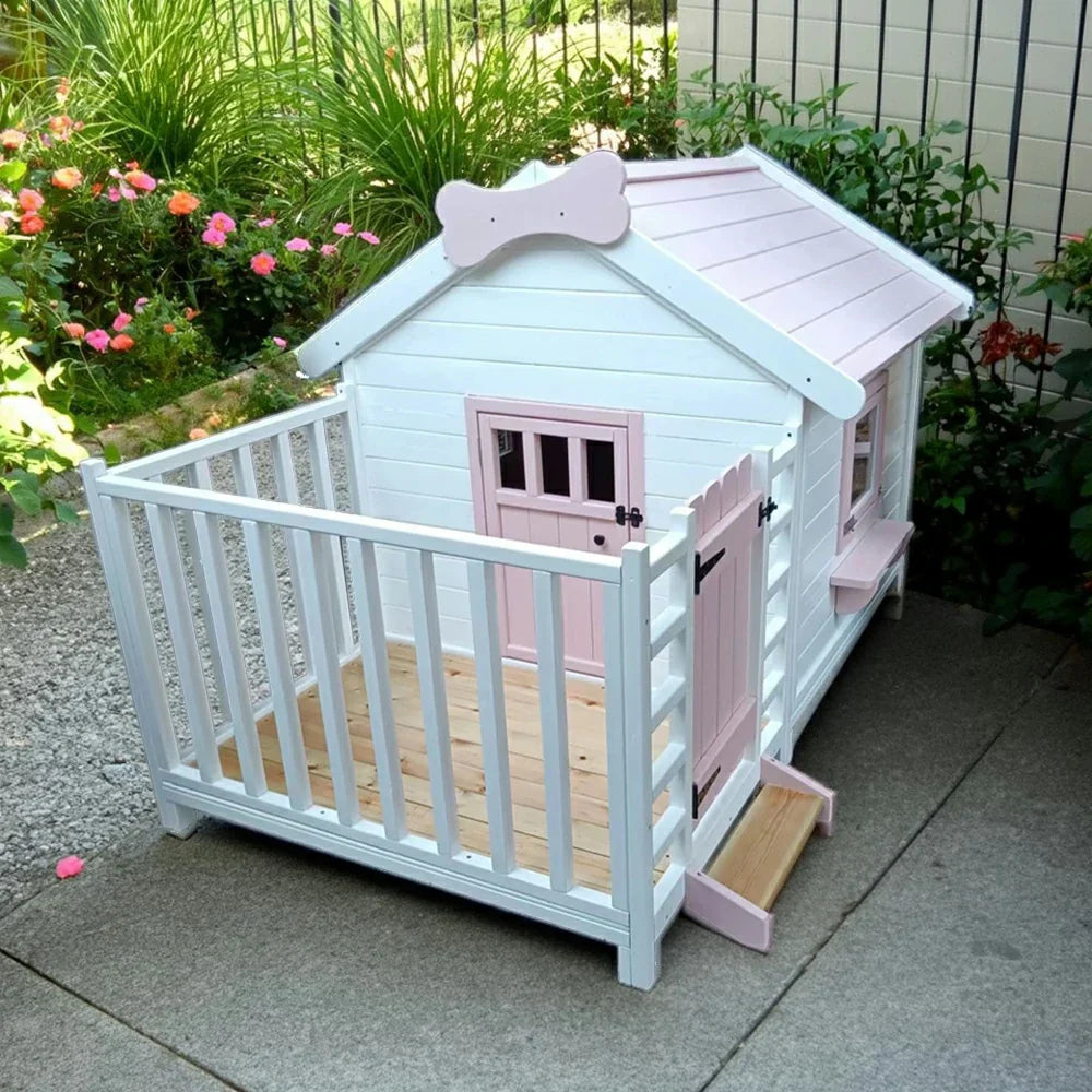 PAWORA Outdoor Windows Design Durable Pine - Cat House Eco-Friendly 150x160x140cm - Spacious Structure, Wooden Ventilated Paint, Doors, Pink
