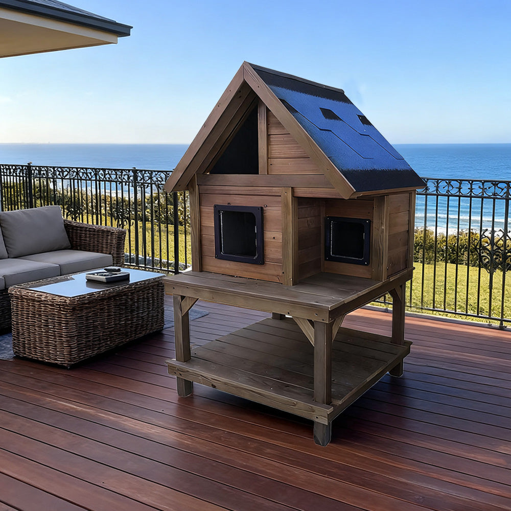 PAWORA Outdoor House All-Weather Waterproof with Cat Ventilated Fir Wood, 130/160cm - Shelter Roof, - Moisture-Proof, Scratch-Resistant, Wood