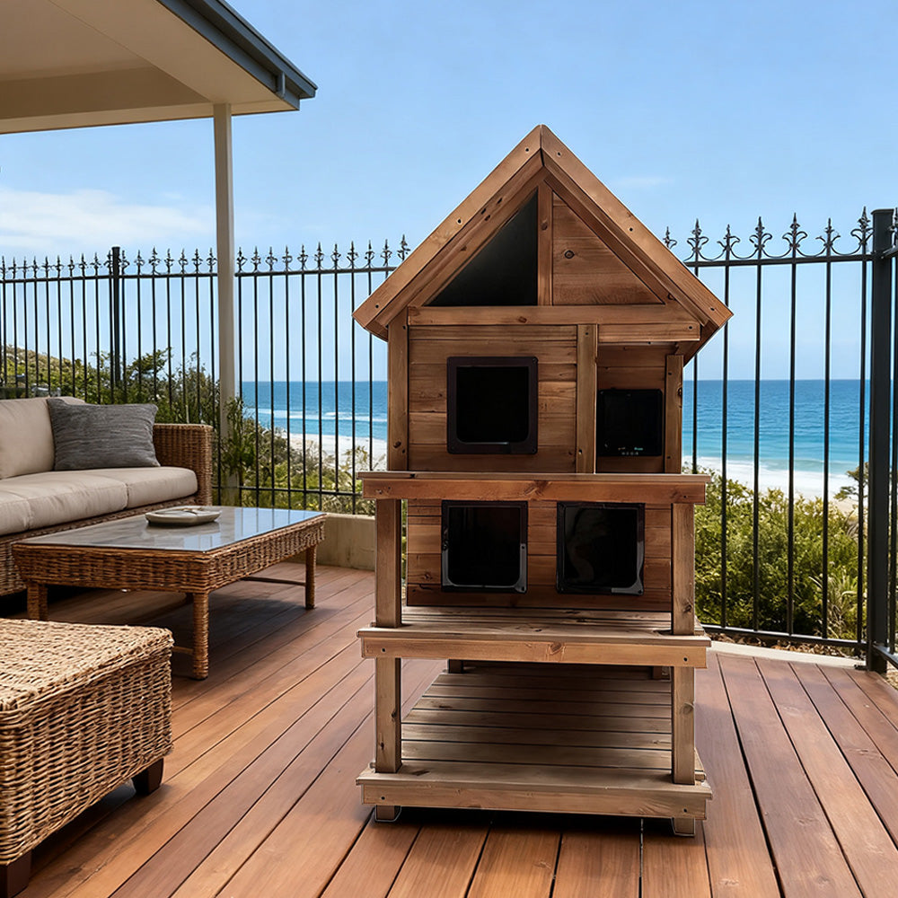 PAWORA Outdoor House All-Weather Waterproof with Cat Ventilated Fir Wood, 130/160cm - Shelter Roof, - Moisture-Proof, Scratch-Resistant, Wood