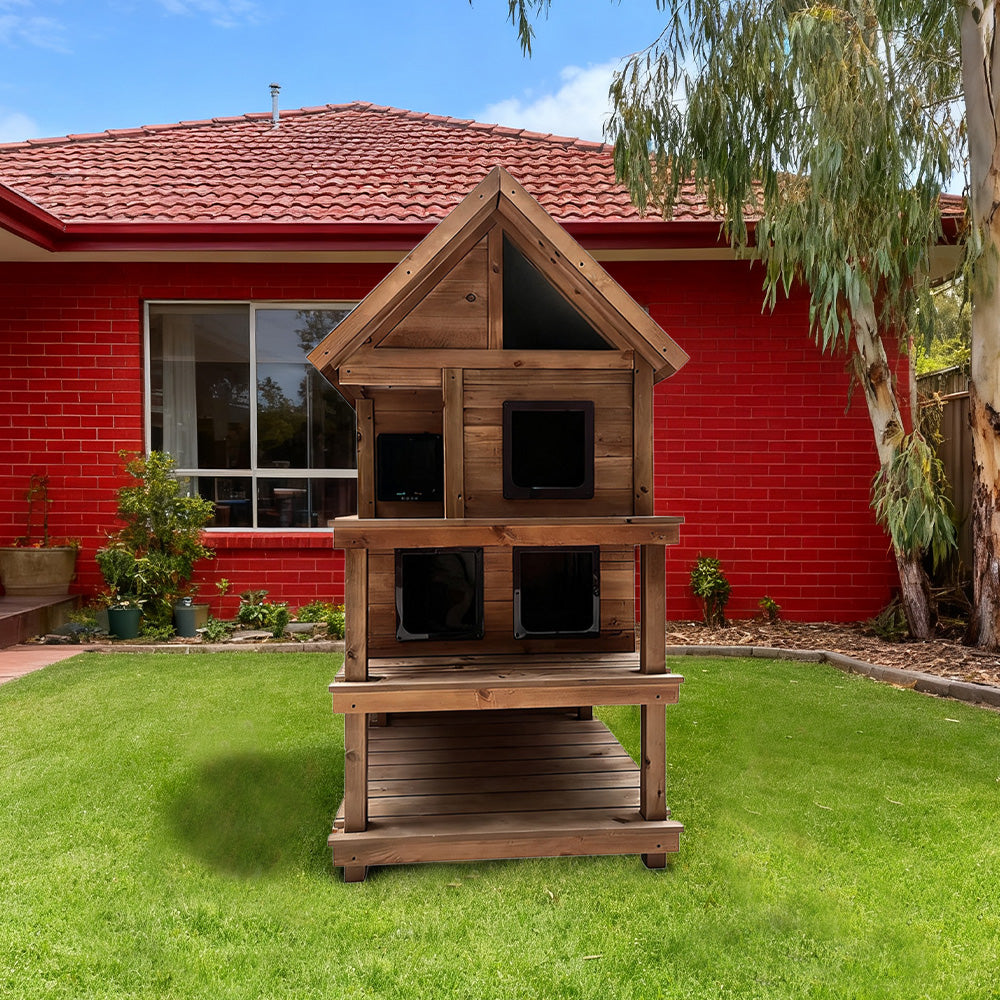 PAWORA Outdoor House All-Weather Waterproof with Cat Ventilated Fir Wood, 130/160cm - Shelter Roof, - Moisture-Proof, Scratch-Resistant, Wood