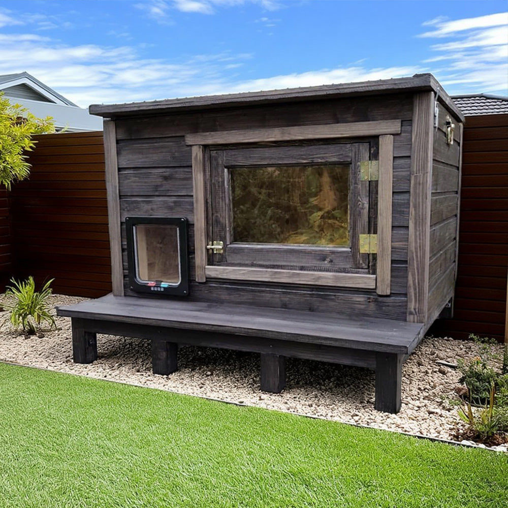 PAWORA Outdoor for Ventilated - Shelter Structure, Wood, Solid Waterproof House Comfortable All-Weather Scratch - Moisture Cat Resistant, Fir Pets and Roof, Brown