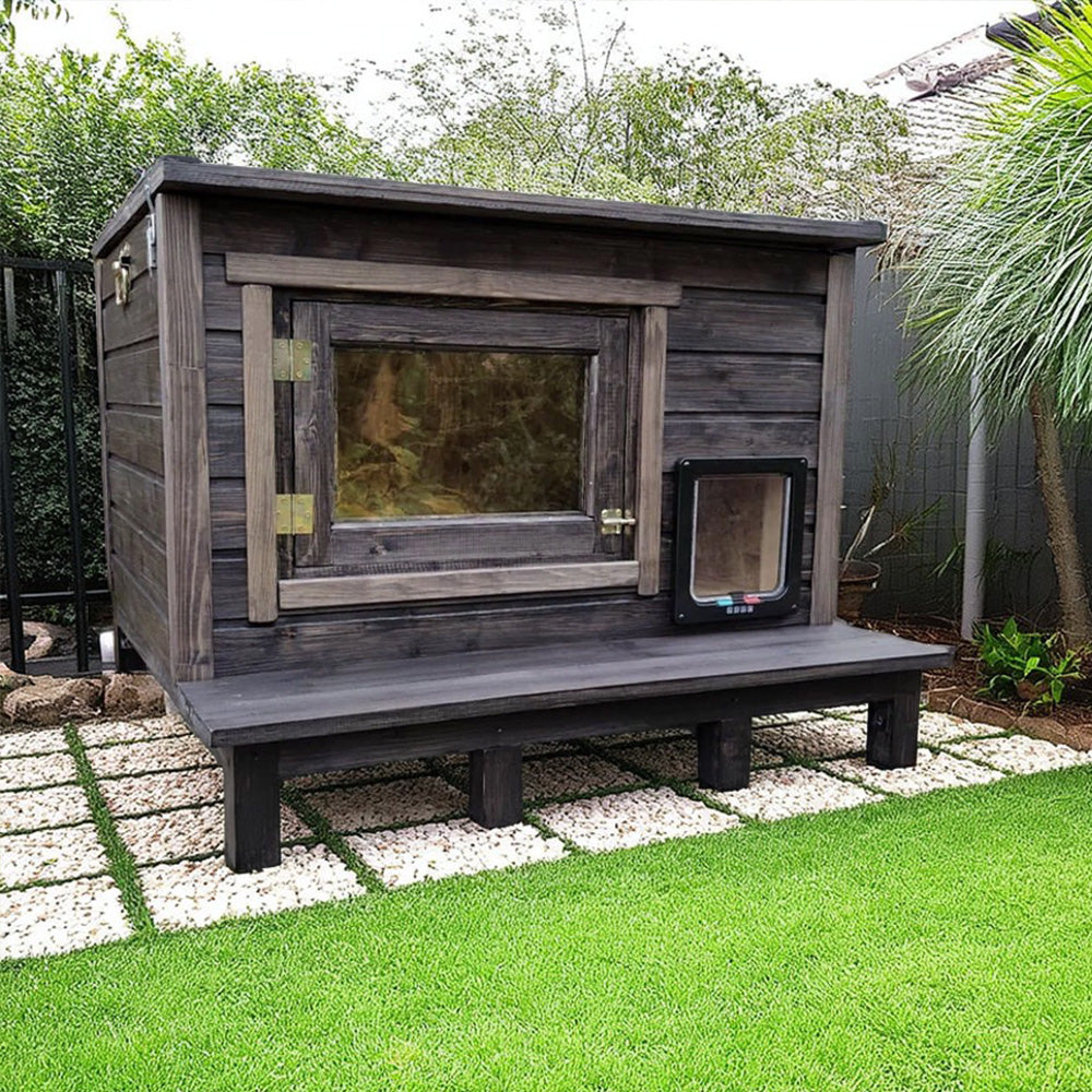 PAWORA Outdoor for Ventilated - Shelter Structure, Wood, Solid Waterproof House Comfortable All-Weather Scratch - Moisture Cat Resistant, Fir Pets and Roof, Brown