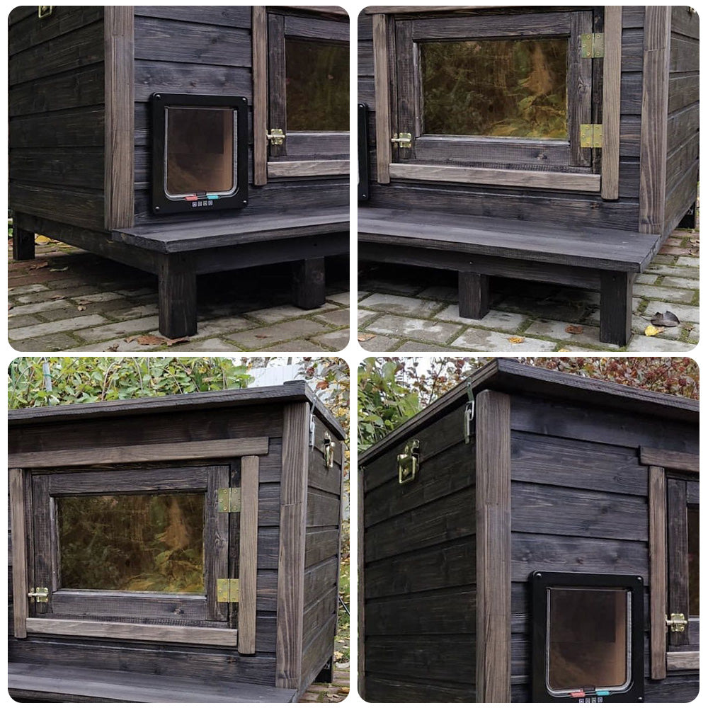 PAWORA Outdoor for Ventilated - Shelter Structure, Wood, Solid Waterproof House Comfortable All-Weather Scratch - Moisture Cat Resistant, Fir Pets and Roof, Brown