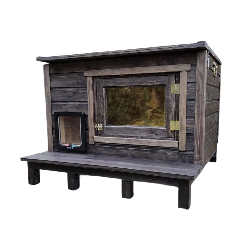 PAWORA Outdoor for Ventilated - Shelter Structure, Wood, Solid Waterproof House Comfortable All-Weather Scratch - Moisture Cat Resistant, Fir Pets and Roof, Brown