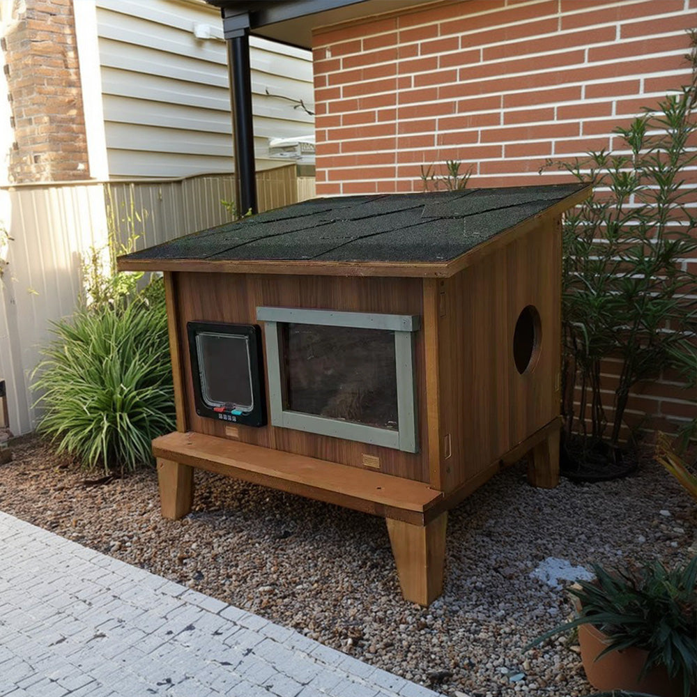 PAWORA Outdoor Ventilated Wood All-Season Moisture-Proof, Shelter Safe Fir Roof, Scratch-Resistant, - Weatherproof Pets - with Waterproof House Cat for Design, Wood