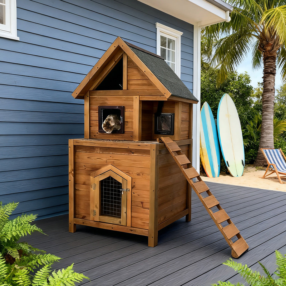 PAWORA Outdoor - Cat Easy Waterproof - to Comfortable Pet All-Season Fir Build, Roof, Clean, House Ventilated Wood Shelter Design, Wood