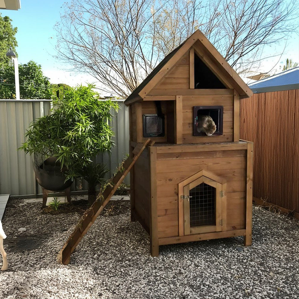 PAWORA Outdoor - Cat Easy Waterproof - to Comfortable Pet All-Season Fir Build, Roof, Clean, House Ventilated Wood Shelter Design, Wood