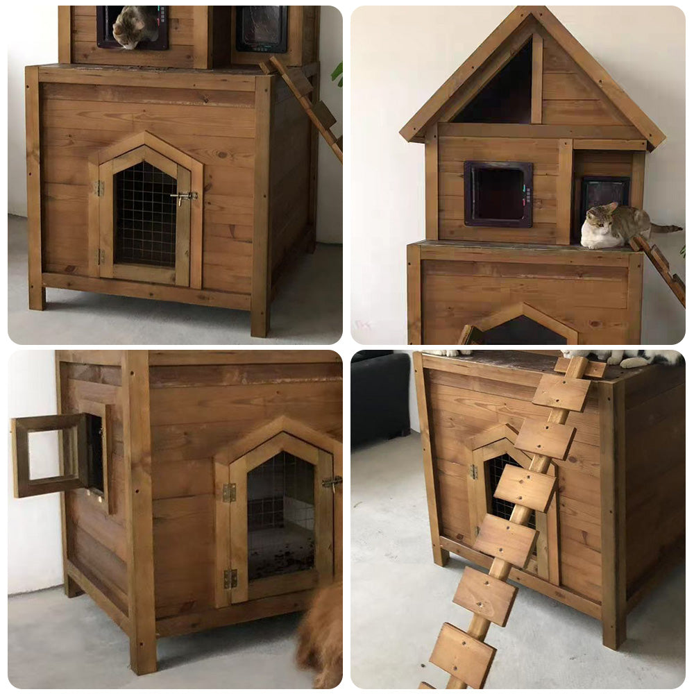 PAWORA Outdoor - Cat Easy Waterproof - to Comfortable Pet All-Season Fir Build, Roof, Clean, House Ventilated Wood Shelter Design, Wood