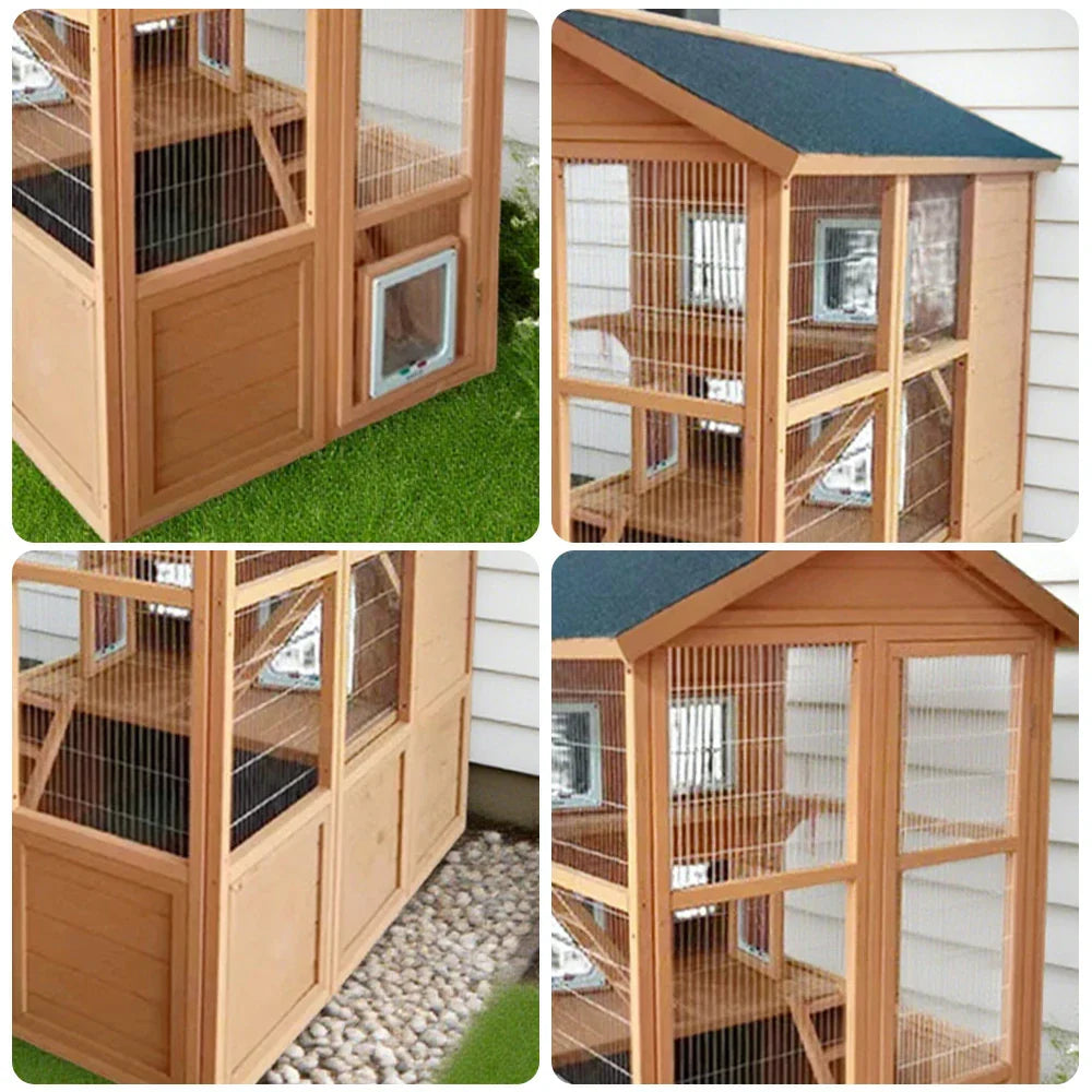 PAWORA Outdoor - Play Enclosure, Waterproof Durable Cat Asphalt Structure, Pine Design Roof, Multi-Level Ventilated Wooden Natural Wood