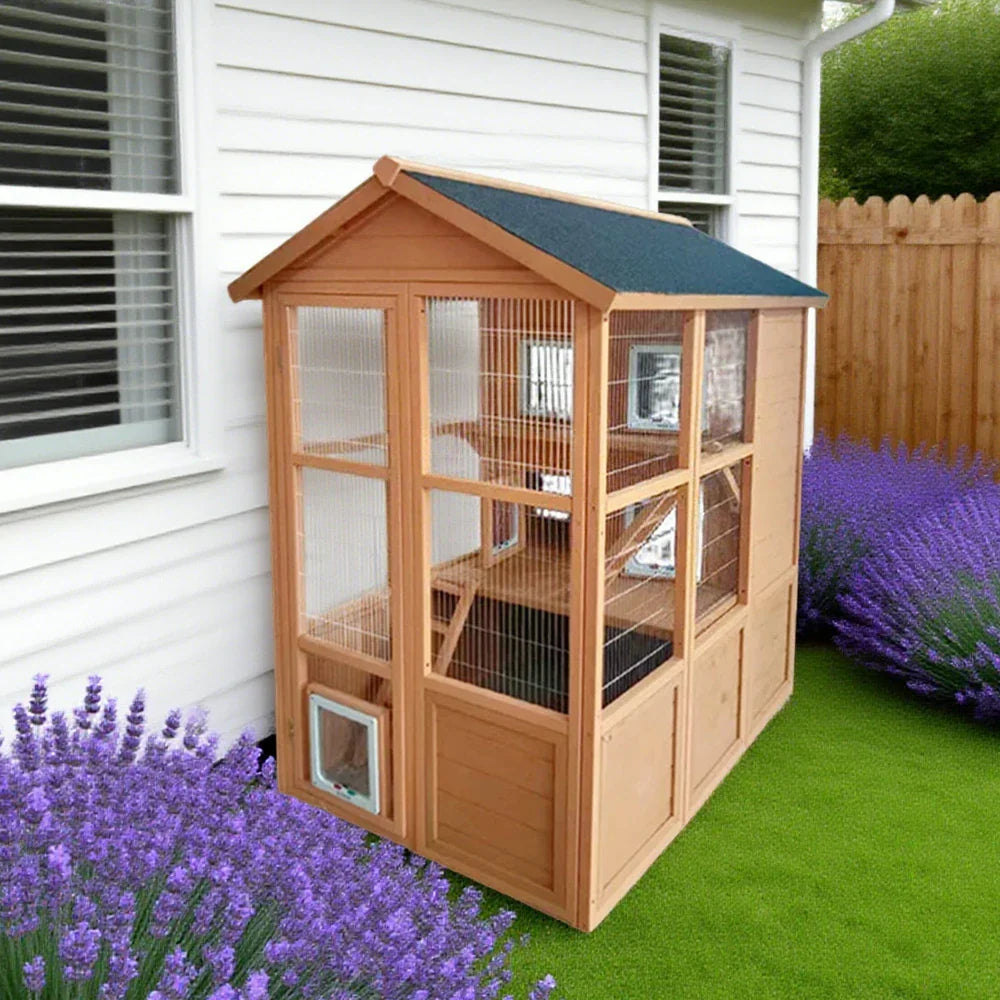 PAWORA Outdoor - Play Enclosure, Waterproof Durable Cat Asphalt Structure, Pine Design Roof, Multi-Level Ventilated Wooden Natural Wood