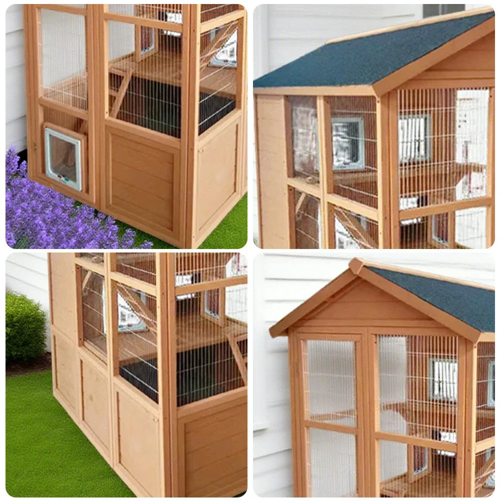 PAWORA Outdoor - Play Enclosure, Waterproof Durable Cat Asphalt Structure, Pine Design Roof, Multi-Level Ventilated Wooden Natural Wood