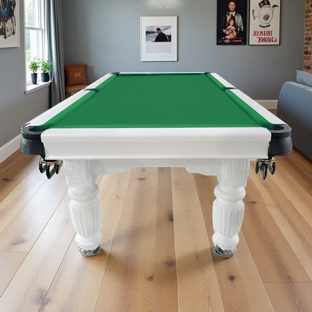 QUESLA 8FT Pro Table Reinforced Ball Table, 2025 Nets Model Pool Solid - Legs Billiard Slate Design - with Timber White Upgraded Professional Classic Frame