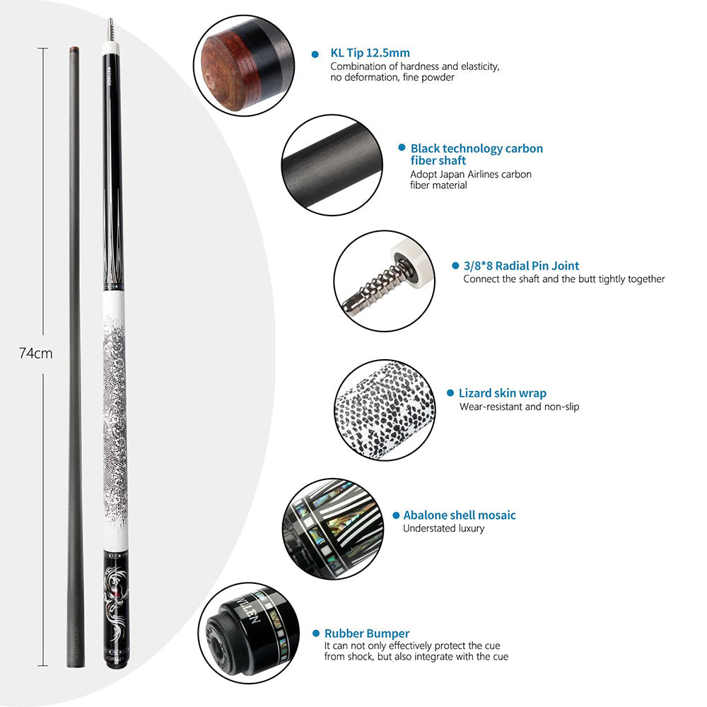 KONLLEN Cue Pool Wood Billiard 18.5-20OZ Premier 2-Piece Cue Ebony - AING-1WF 147CM Professional White&Black