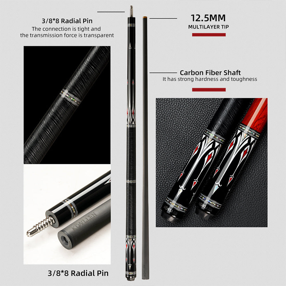 KONLLEN Premier 18.5-20OZ Wood Cue Cue Maple Professional Billiard 147CM 2-Piece AS-2F - Pool Red&Black