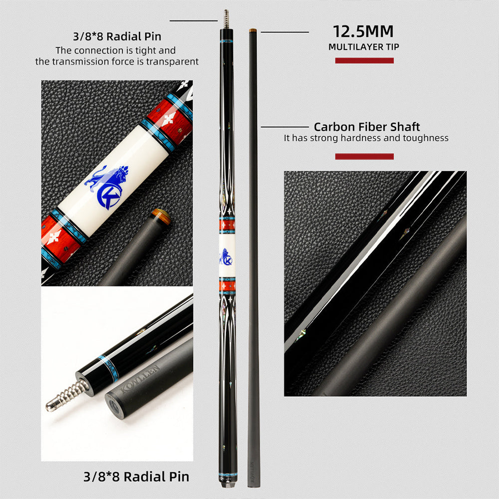 KONLLEN Billiard Pool Premier KL-A1 Maple Professional 147CM - Wood Cue 18.5-20OZ 2-Piece Cue Blue&White&Red