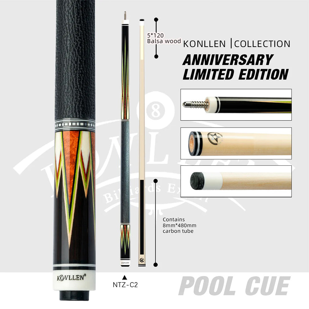 KONLLEN Professional Wood NTZ-C2 Premier - 147CM Cue Billiard 2-Piece Maple Cue Pool 18.5-20OZ Yellow&Red&Black