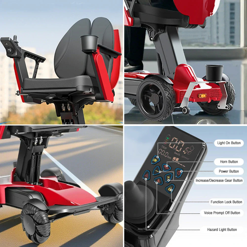 ROLLUX Foldable Battery, Mobility Scooter Easy Compact 13Ah/20Ah - to Portable 4-Wheel Store Lithium - Red