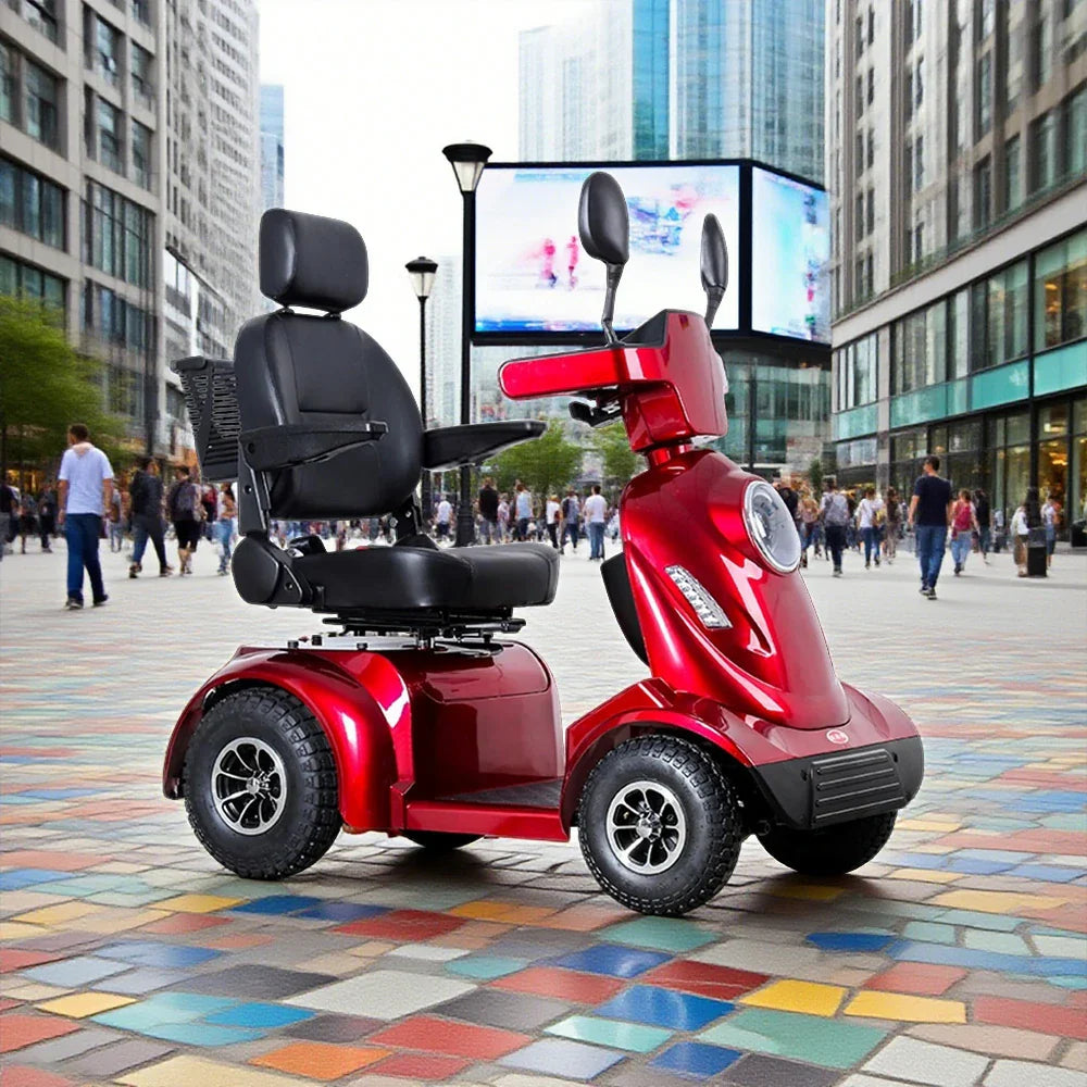 ROLLUX 800W Basket - with Seat Battery,4-Wheel - Scooter Cushioned Storage Lithium Rear 40Ah High-Back Mobility Design Red