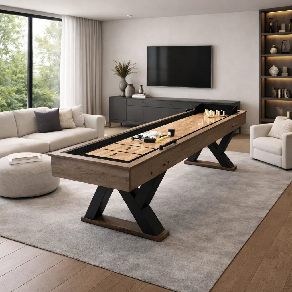 SHUFLEX 9FT LED Shuffleboard Table TS-9079 - Built-In LED Lighting Dual Game Design for Shuffleboard & Bowling Sturdy MDF Construction Indoor Game Table - Wood Grain