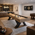 SHUFLEX 9FT LED Shuffleboard Table TS-9079 - Built-In LED Lighting Dual Game Design for Shuffleboard & Bowling Sturdy MDF Construction Indoor Game Table - Wood Grain