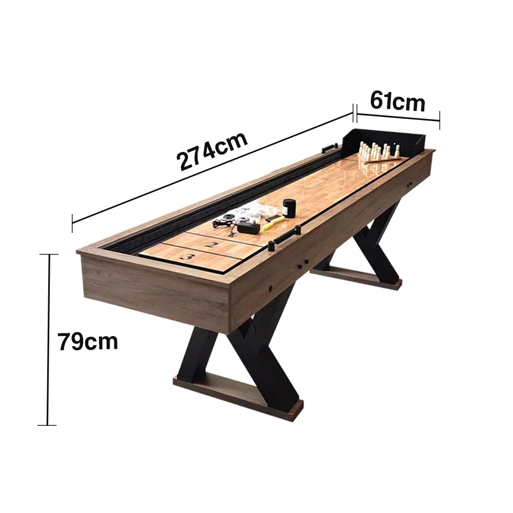 SHUFLEX 9FT LED Shuffleboard Table TS-9079 - Built-In LED Lighting Dual Game Design for Shuffleboard & Bowling Sturdy MDF Construction Indoor Game Table - Wood Grain