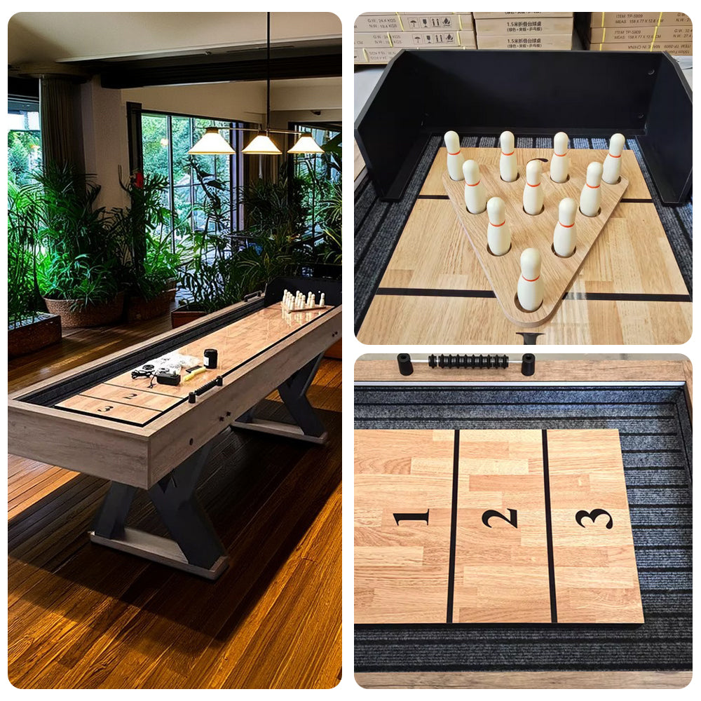 SHUFLEX 9FT LED Shuffleboard Table TS-9079 - Built-In LED Lighting Dual Game Design for Shuffleboard & Bowling Sturdy MDF Construction Indoor Game Table - Wood Grain
