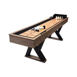 SHUFLEX 9FT LED Shuffleboard Table TS-9079 - Built-In LED Lighting Dual Game Design for Shuffleboard & Bowling Sturdy MDF Construction Indoor Game Table - Wood Grain
