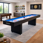 SHUFLEX 9FT Curling Game Table Solid Wood Frame Smooth Ice-Style Playing Surface Precision Scoring System Adjustable Leveling Feet Indoor Game Table - Black