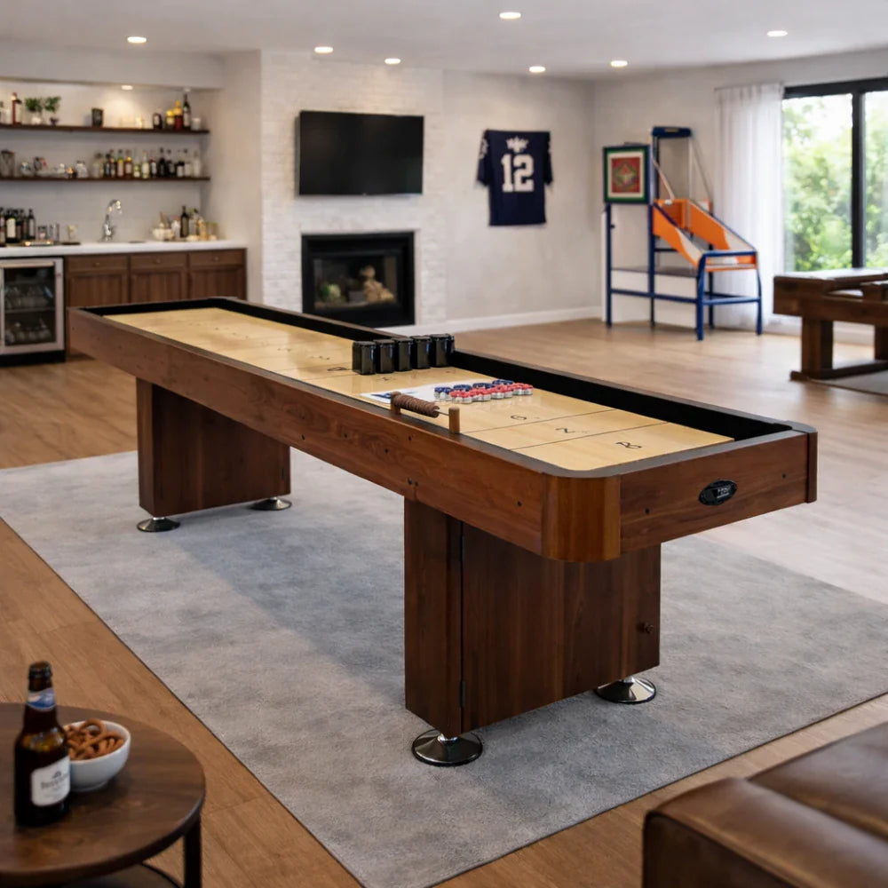 SHUFLEX 9/12/14/16FT Solid Wood Shuffleboard Table - Professional Hardwood Playing Surface Smooth Stable Roll Heavy-Duty Construction Indoor Game Table - Brown