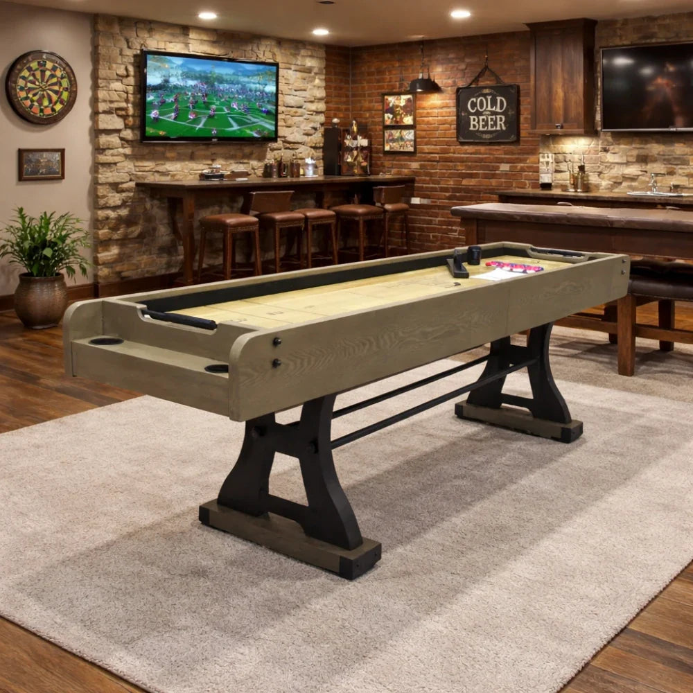 SHUFLEX 9FT Solid Wood Shuffleboard Table - Resin-Coated Hardwood Playing Surface Smooth Stable Roll Heavy-Duty Frame Indoor Game Table - Walnut Brown