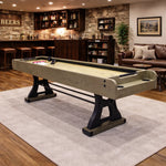 SHUFLEX 9FT Solid Wood Shuffleboard Table - Resin-Coated Hardwood Playing Surface Smooth Stable Roll Heavy-Duty Frame Indoor Game Table - Walnut Brown