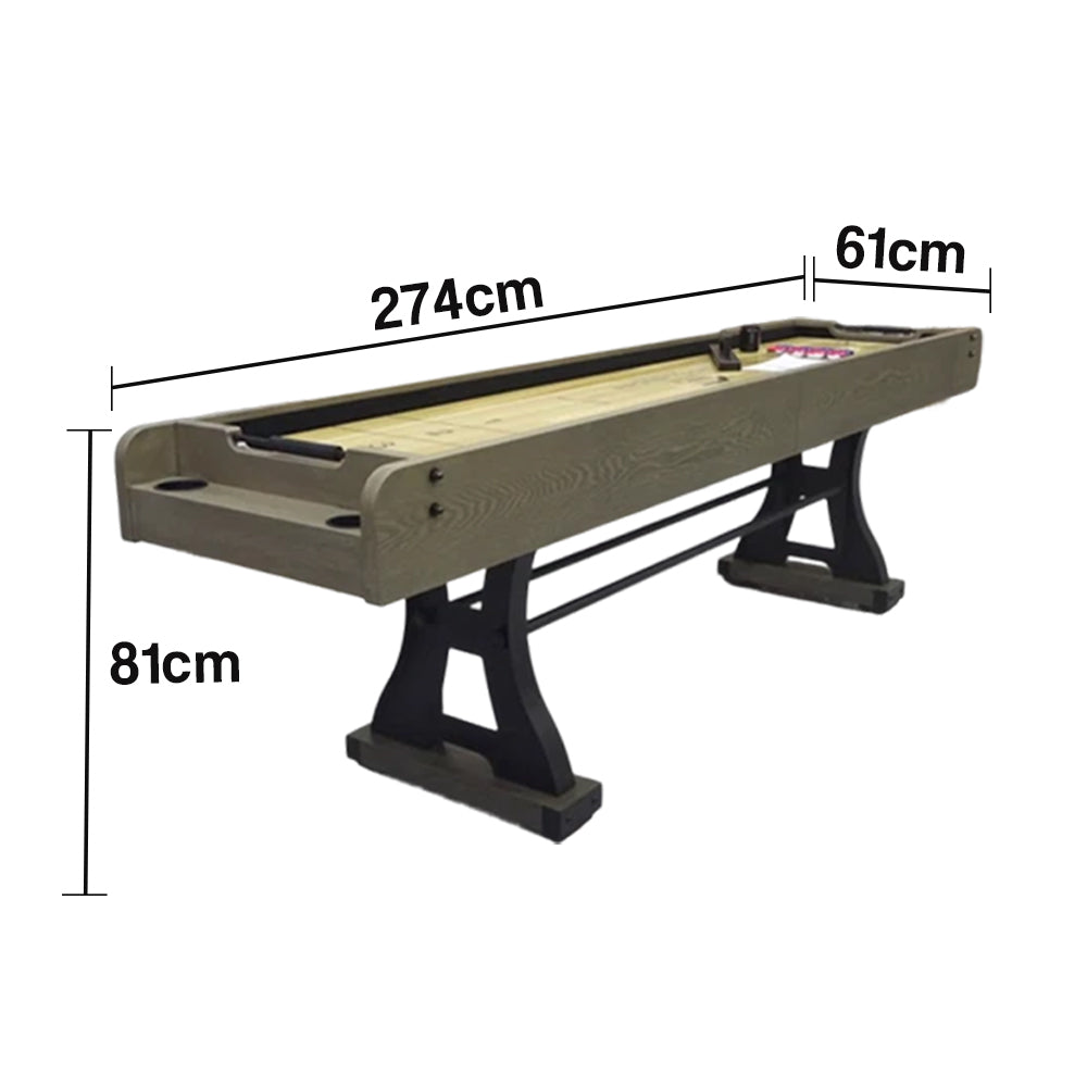 SHUFLEX 9FT Solid Wood Shuffleboard Table - Resin-Coated Hardwood Playing Surface Smooth Stable Roll Heavy-Duty Frame Indoor Game Table - Walnut Brown