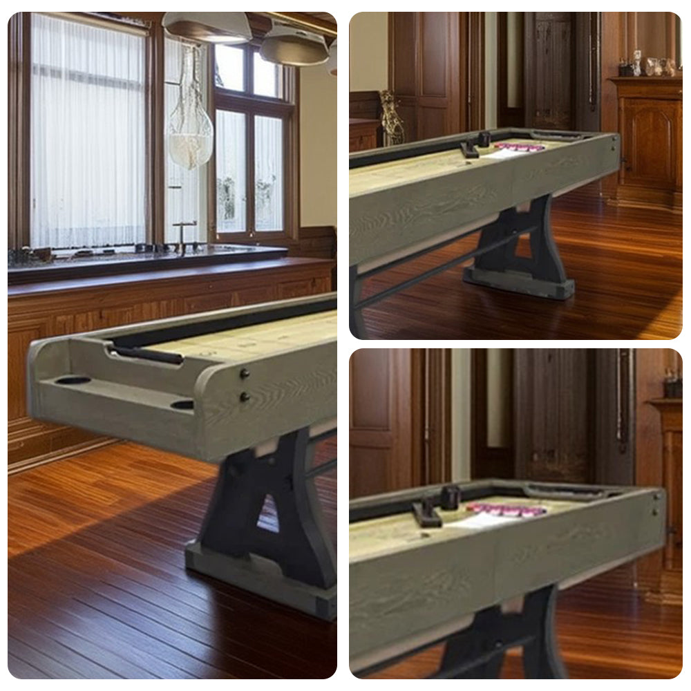 SHUFLEX 9FT Solid Wood Shuffleboard Table - Resin-Coated Hardwood Playing Surface Smooth Stable Roll Heavy-Duty Frame Indoor Game Table - Walnut Brown