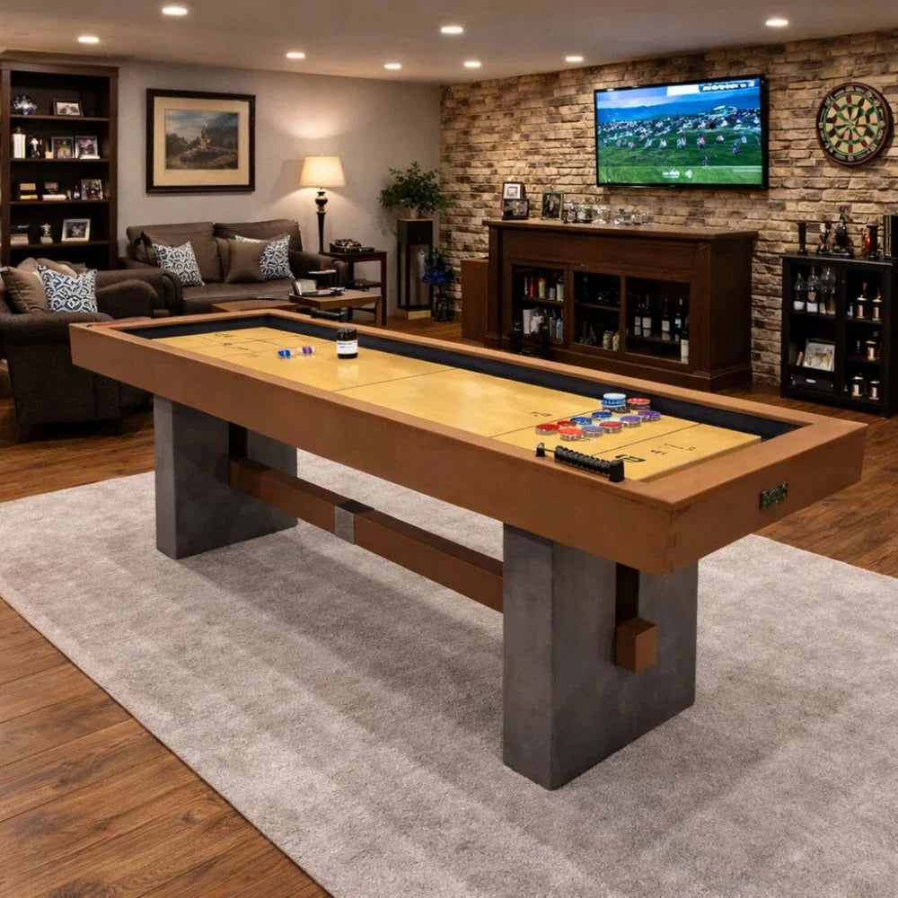 SHUFLEX 9FT Solid Wood Shuffleboard Table - UV-Coated Birch Playing Surface Smooth Stable Roll Industrial Style Cement-Effect Legs Indoor Game Table - Natural Wood