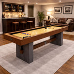 SHUFLEX 9FT Solid Wood Shuffleboard Table - UV-Coated Birch Playing Surface Smooth Stable Roll Industrial Style Cement-Effect Legs Indoor Game Table - Natural Wood