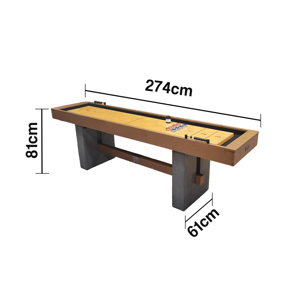 SHUFLEX 9FT Solid Wood Shuffleboard Table - UV-Coated Birch Playing Surface Smooth Stable Roll Industrial Style Cement-Effect Legs Indoor Game Table - Natural Wood