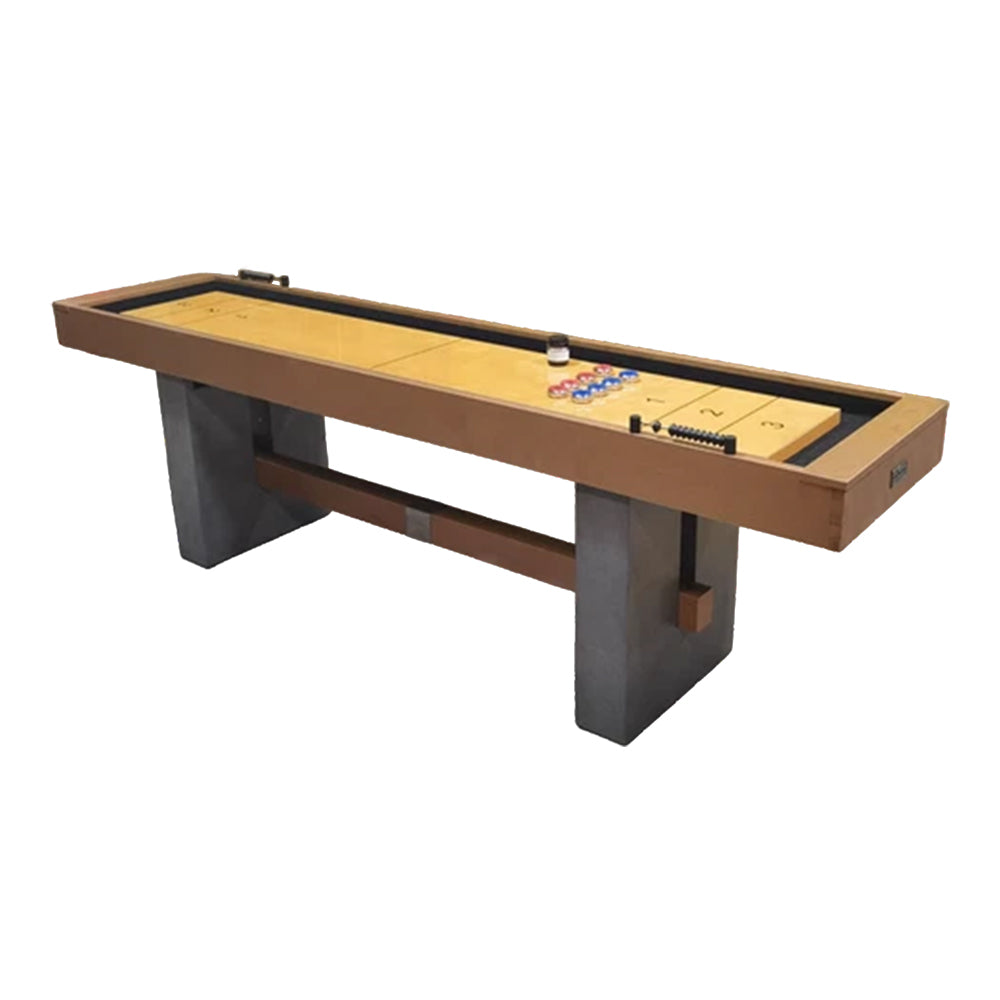 SHUFLEX 9FT Solid Wood Shuffleboard Table - UV-Coated Birch Playing Surface Smooth Stable Roll Industrial Style Cement-Effect Legs Indoor Game Table - Natural Wood
