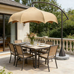 SOLARA Outdoor Cantilever Umbrella - 300cm Round Arc Canopy with French Scalloped Edge, Stainless Steel Frame, Heavy Marble Base, UV Sunshade for Patio & Garden - Khaki