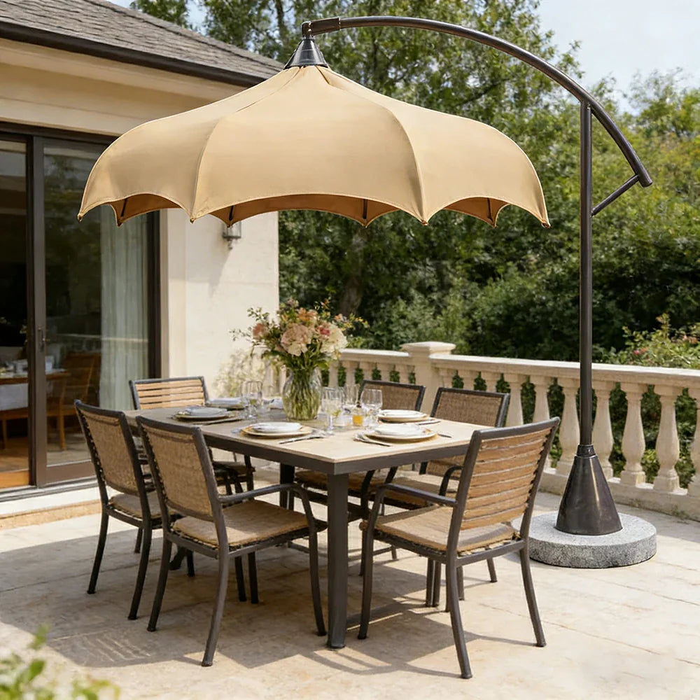 SOLARA Outdoor Cantilever Umbrella - 300cm Round Arc Canopy with French Scalloped Edge, Stainless Steel Frame, Heavy Marble Base, UV Sunshade for Patio & Garden - Khaki