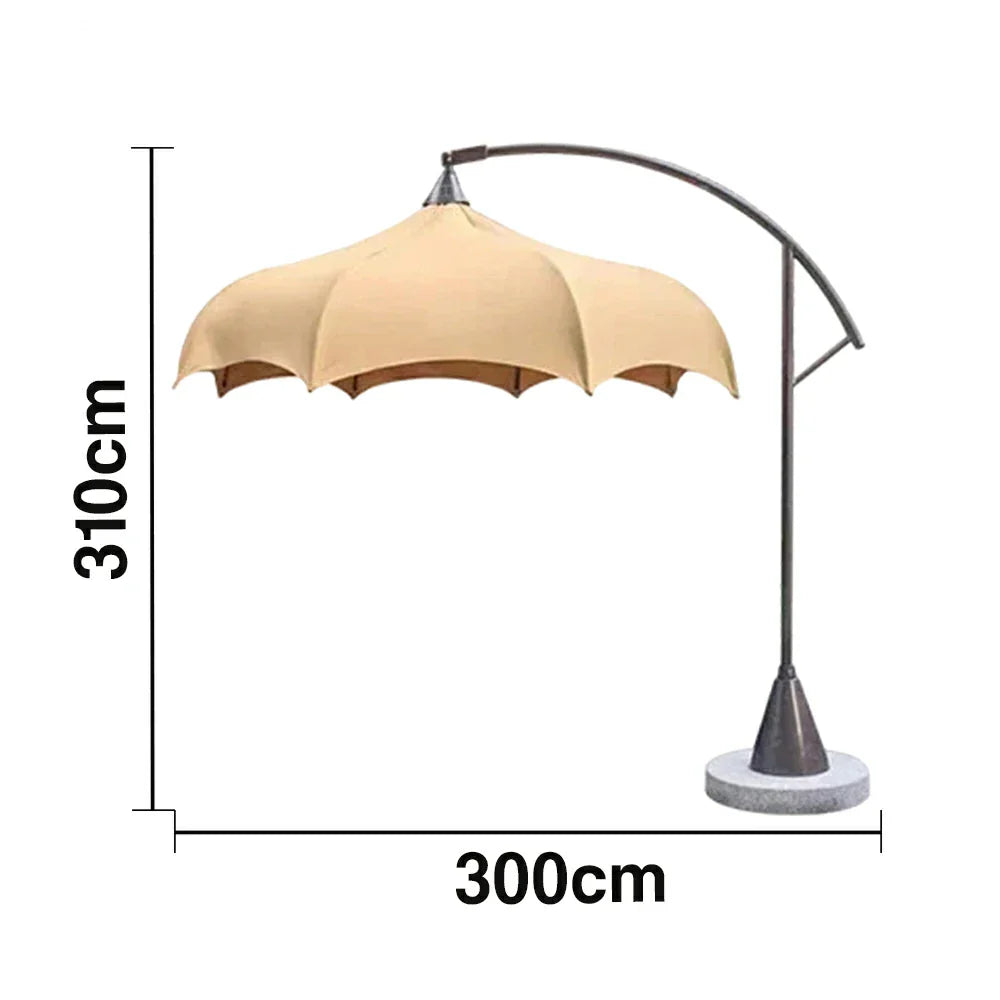 SOLARA Outdoor Cantilever Umbrella - 300cm Round Arc Canopy with French Scalloped Edge, Stainless Steel Frame, Heavy Marble Base, UV Sunshade for Patio & Garden - Khaki
