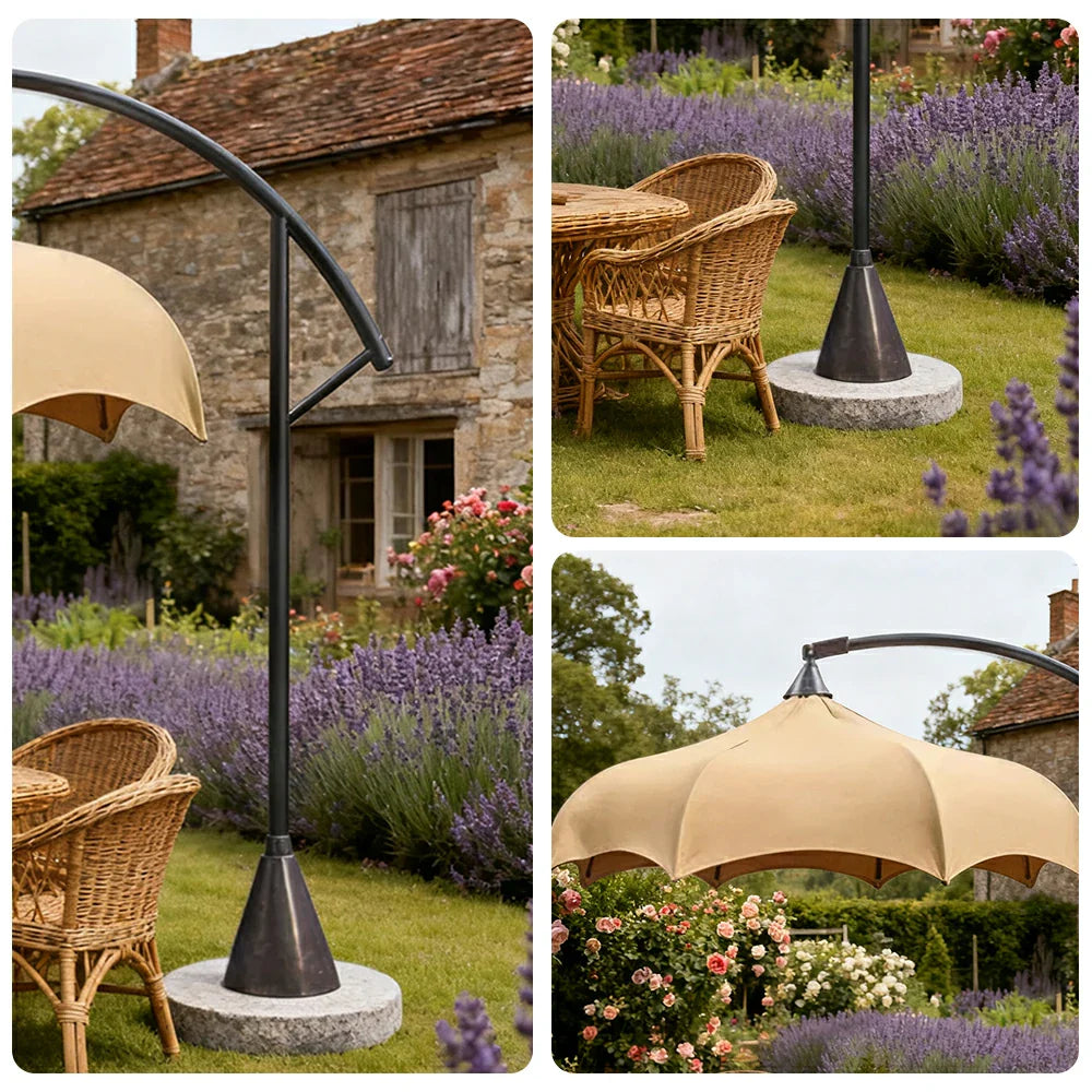 SOLARA Outdoor Cantilever Umbrella - 300cm Round Arc Canopy with French Scalloped Edge, Stainless Steel Frame, Heavy Marble Base, UV Sunshade for Patio & Garden - Khaki