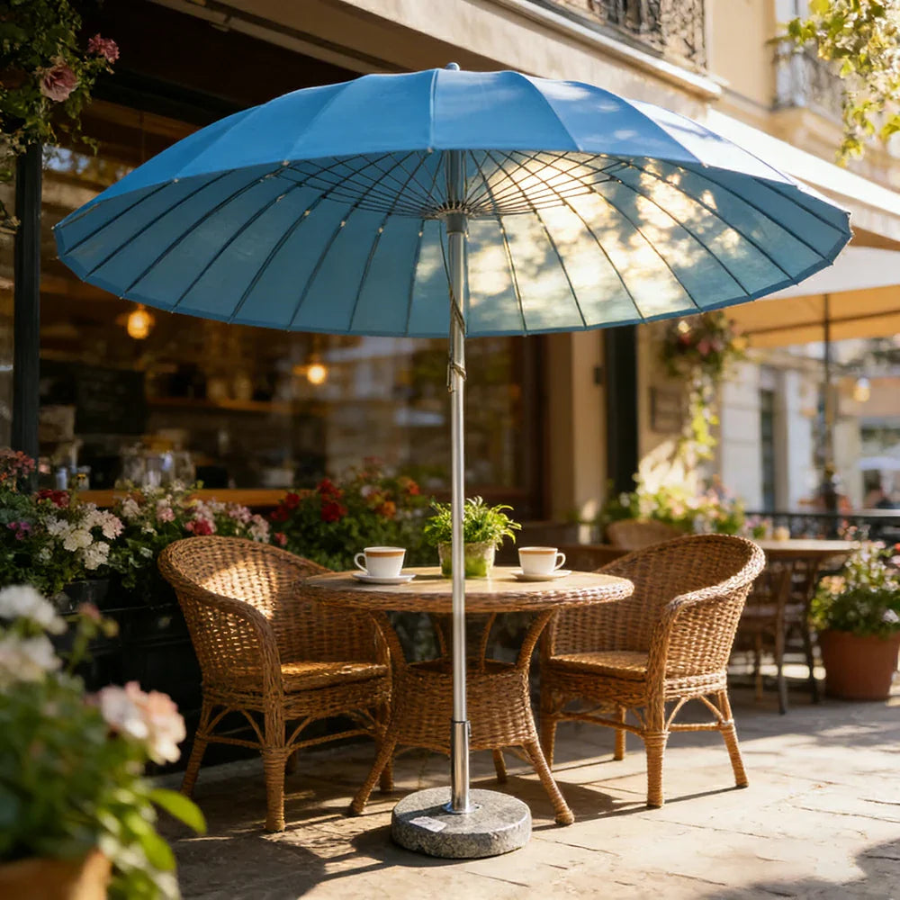 SOLARA Outdoor Central Pole Umbrella - 2.5m Round Canopy, Fade-Resistant Fabric, Wind-Stable Build, Sun & Rain Protection, 40kg Marble Base Included - Blue