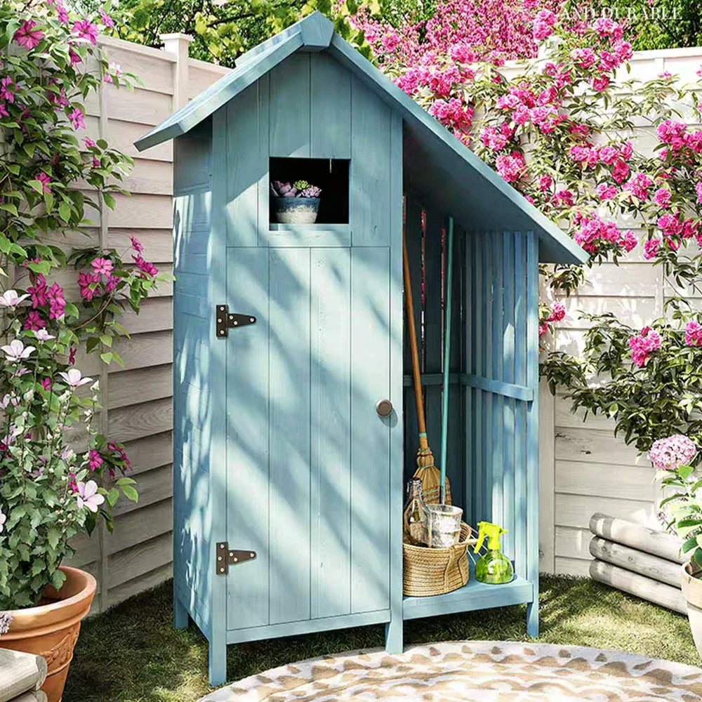 SOLARA Outdoor with Garden Tool Storage Patio Weather-Resistant Design, Solid Shed Wood Multi-Shelf Organizer House - - Blue