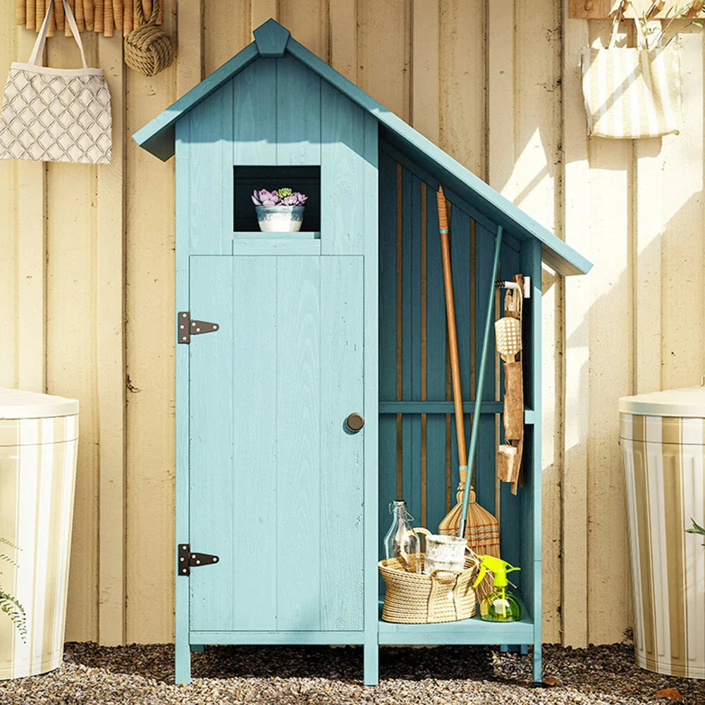 SOLARA Outdoor with Garden Tool Storage Patio Weather-Resistant Design, Solid Shed Wood Multi-Shelf Organizer House - - Blue