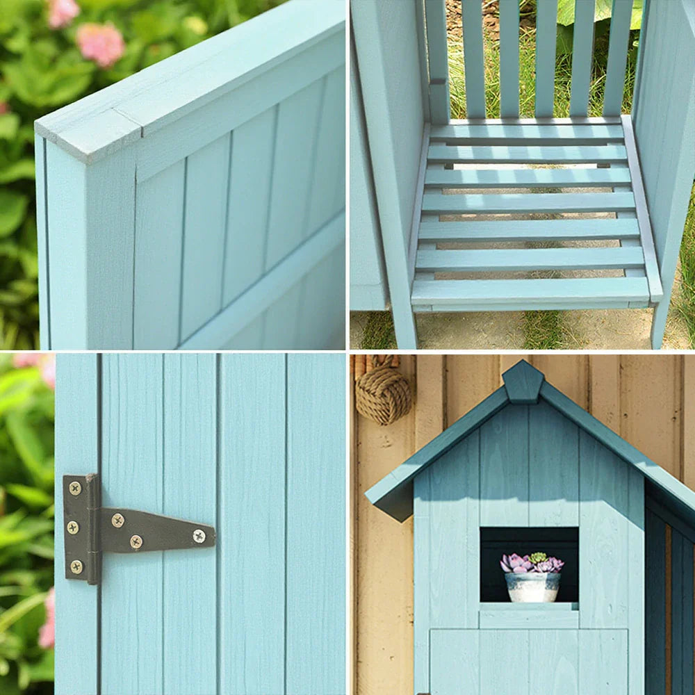 SOLARA Outdoor with Garden Tool Storage Patio Weather-Resistant Design, Solid Shed Wood Multi-Shelf Organizer House - - Blue