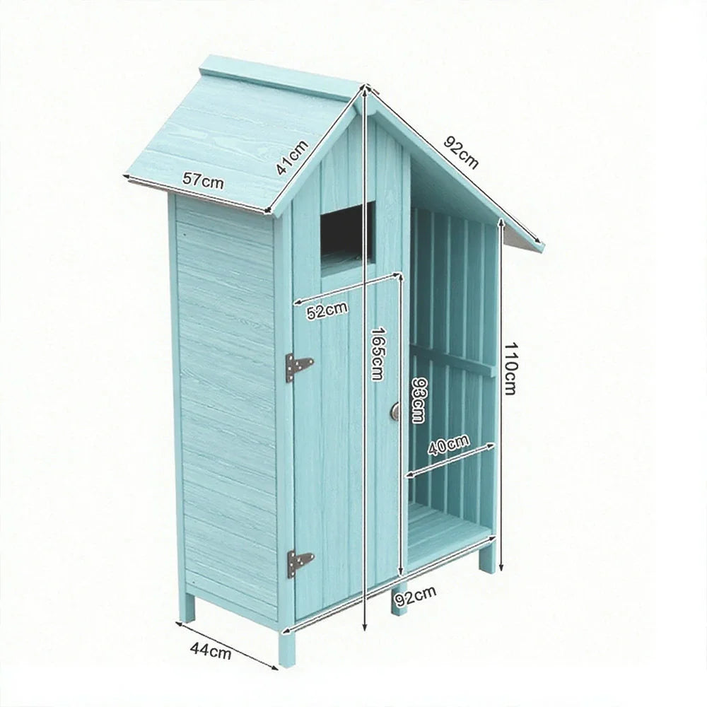 SOLARA Outdoor with Garden Tool Storage Patio Weather-Resistant Design, Solid Shed Wood Multi-Shelf Organizer House - - Blue