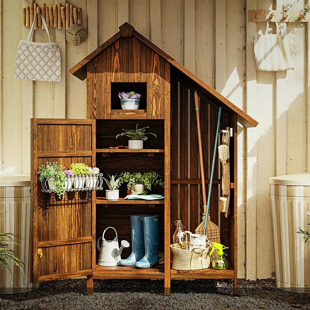 SOLARA Outdoor Shed Patio with Organizer Weather-Resistant Wood House Garden Storage - Tool Multi-Shelf Design, Solid Brown