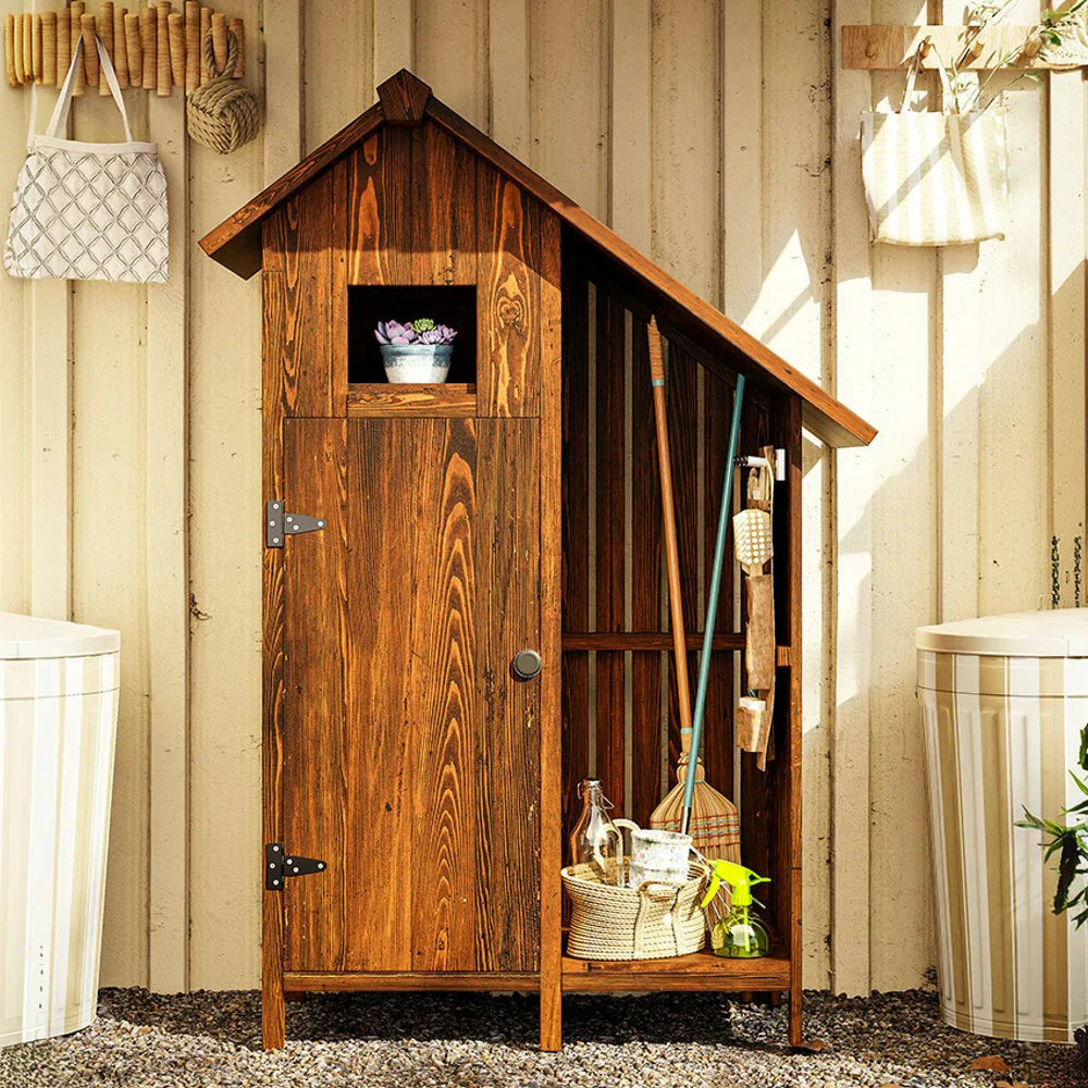 SOLARA Outdoor Shed Patio with Organizer Weather-Resistant Wood House Garden Storage - Tool Multi-Shelf Design, Solid Brown