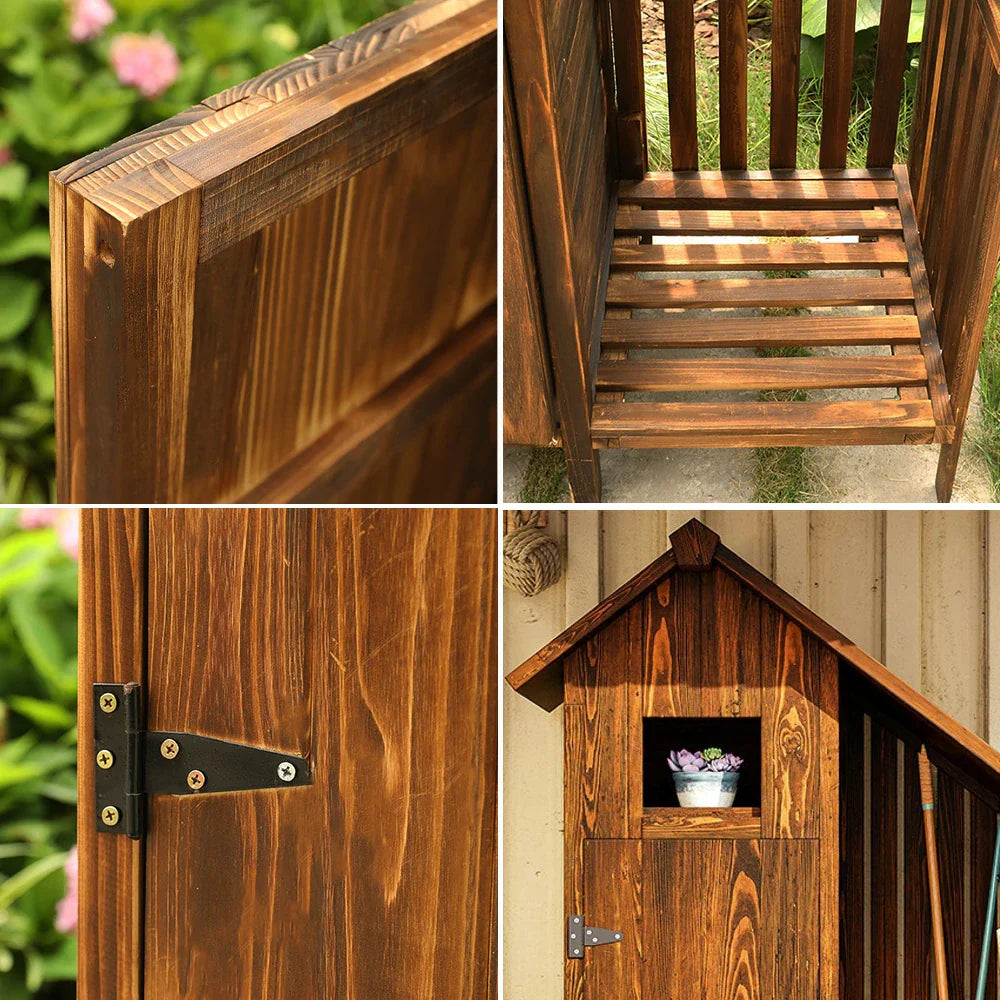 SOLARA Outdoor Shed Patio with Organizer Weather-Resistant Wood House Garden Storage - Tool Multi-Shelf Design, Solid Brown